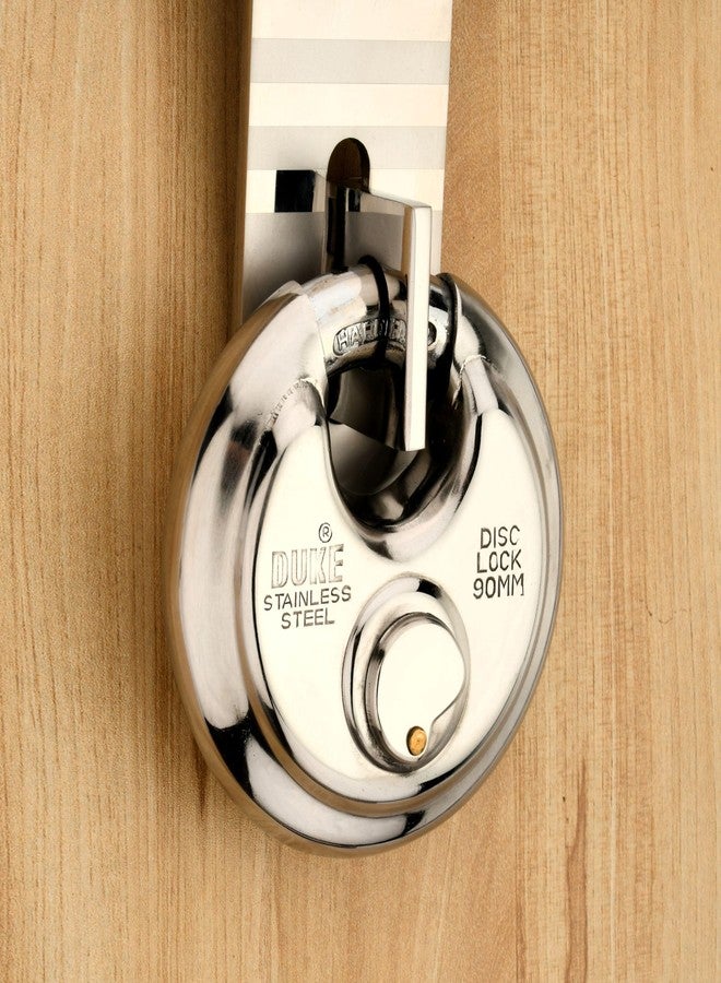 DUKE Disc Lock Ultra 90mm Big Size Full Stainless Steel (SS 304 Grade) Body 3 Brass Ultra Dimple Computerized Keys Hardened Shackle Round Shutter Lock - Image 1